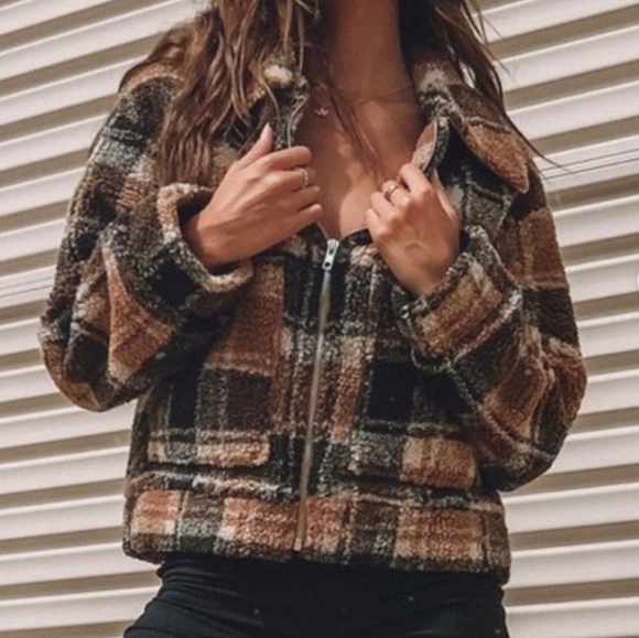 NWOT Princess Polly Doria Jacket Brown Plaid Cropped Oversized Boxy Zip Teddy - Picture 1 of 16